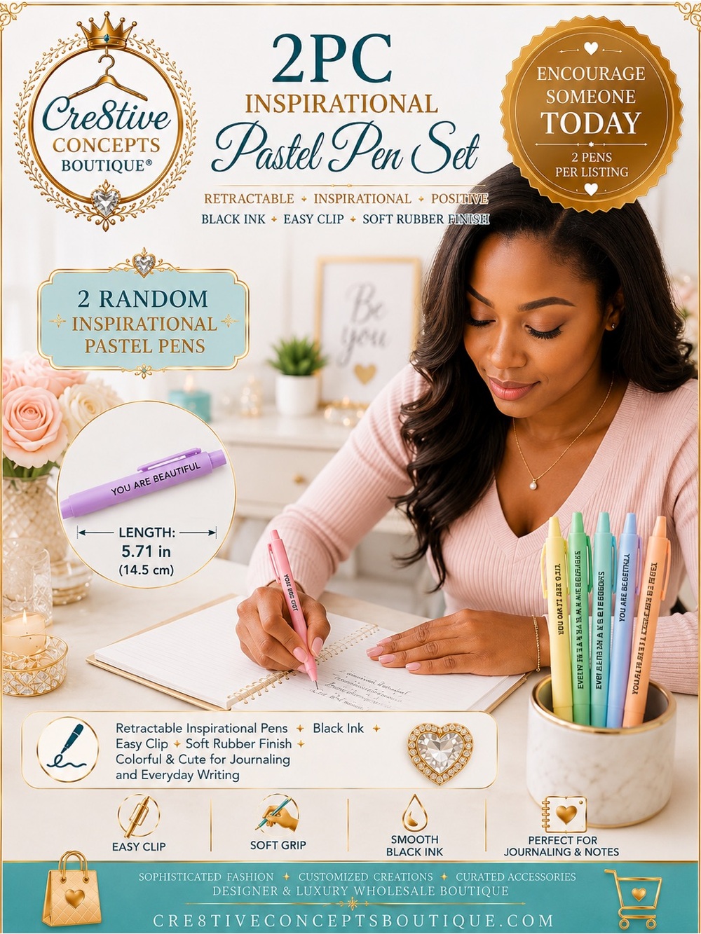 2 Pcs Inspirational Pastel Pen Set, Retractable Black Ink | Soft Rubber Finish